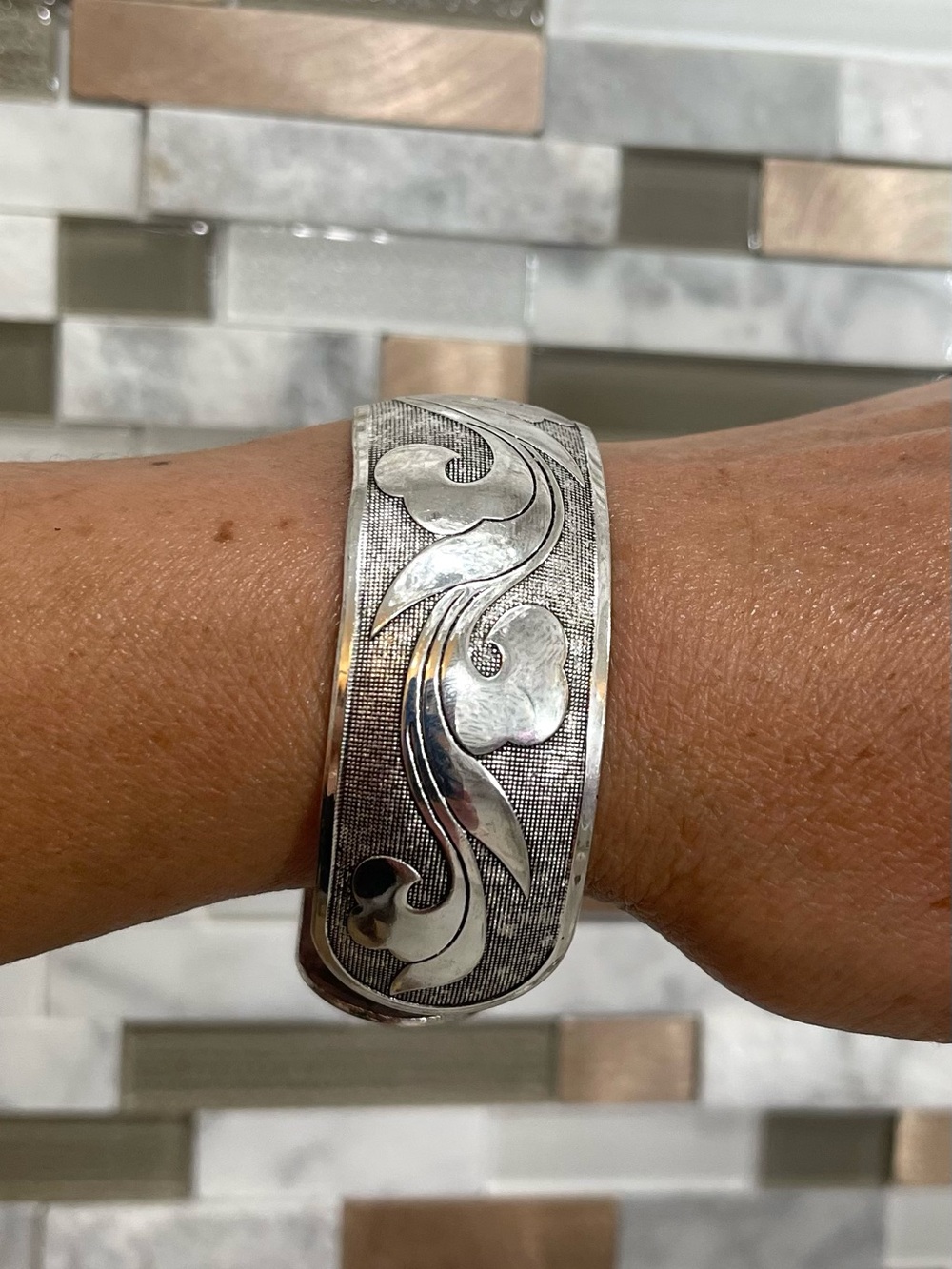 Engraved  Silver-Tone Floral Scroll Cuff Bracelet